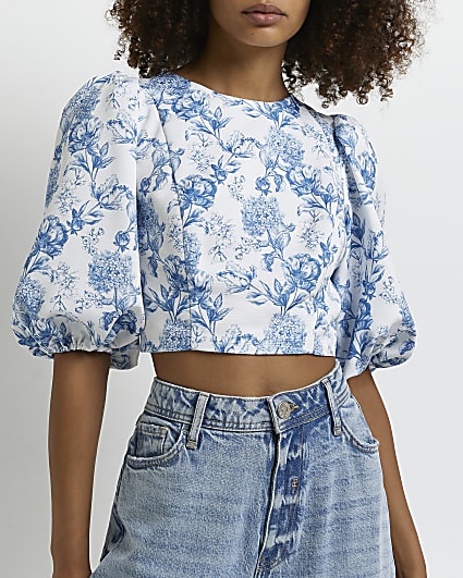Blue floral backless cropped top
