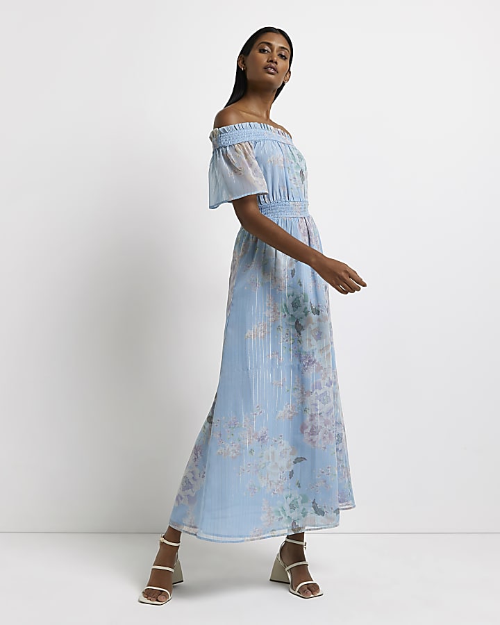 Blue floral bardot maxi dress