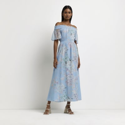 Blue floral bardot maxi dress | River Island