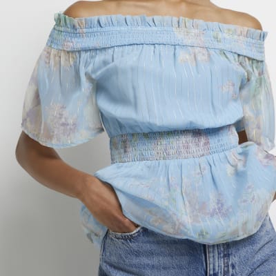 Blue floral bardot top