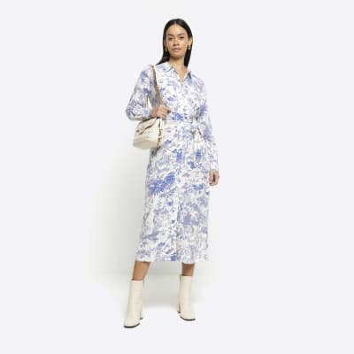 Blue floral belted midi shirt dress | River Island