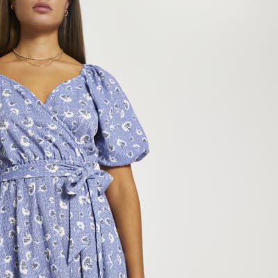 Blue floral belted wrap mini dress