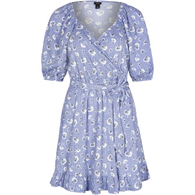 Blue floral belted wrap mini dress