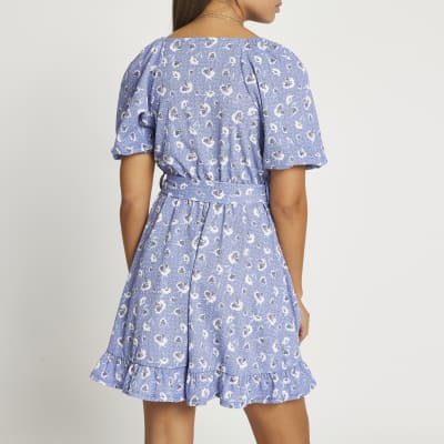 Blue floral belted wrap mini dress