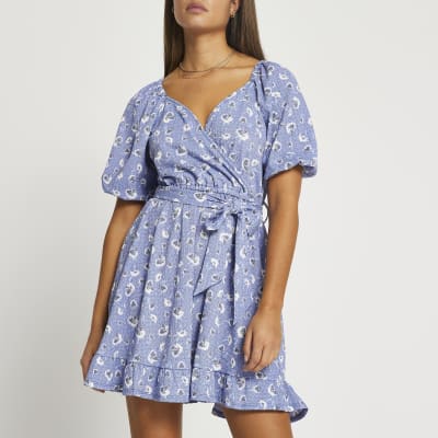 Blue floral belted wrap mini dress