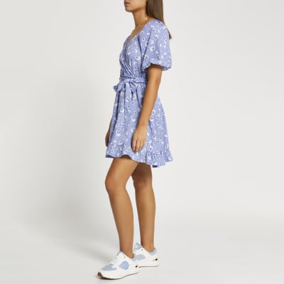Blue floral belted wrap mini dress