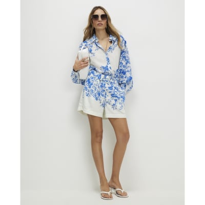 Blue Floral Boarder Print Linen Blend Shorts