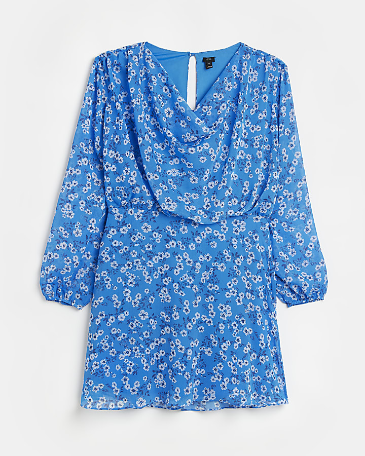 Blue floral cowl neck shift mini dress