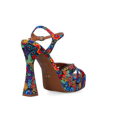360 degree animation of product Blue Floral Cross Strap Platform Sandals frame-12
