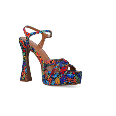 360 degree animation of product Blue Floral Cross Strap Platform Sandals frame-17
