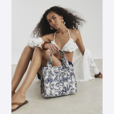 Blue Floral Embroidered Tote Bag