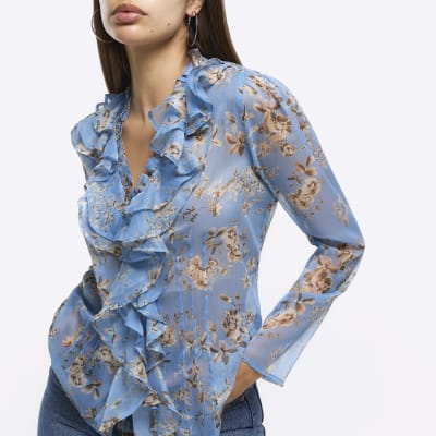 Blue floral frill blouse River Island
