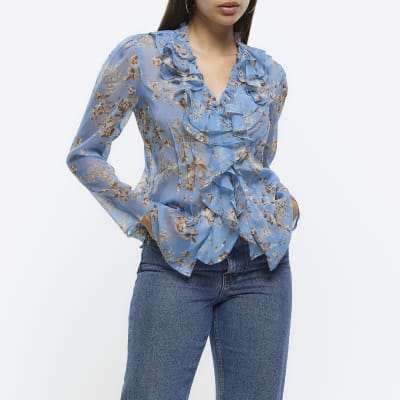 Blue floral frill blouse | River Island