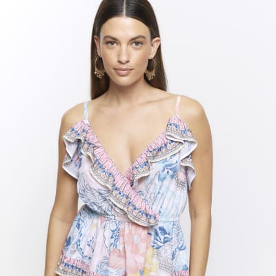 Blue floral frill playsuit River Island