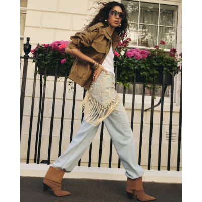 Blue Floral Jacquard Gold Fringe Hip Scarf