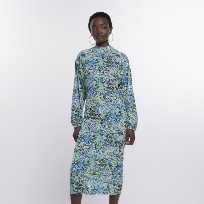 Blue floral long sleeve midi dress | River Island