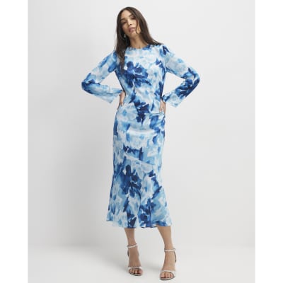 Blue Floral Long Sleeve Midi Dress