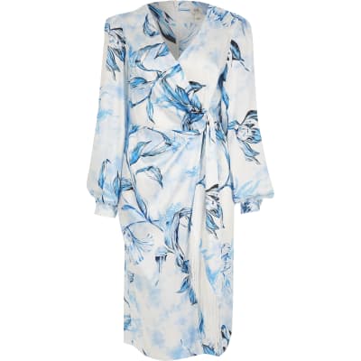 blue floral wrap midi dress