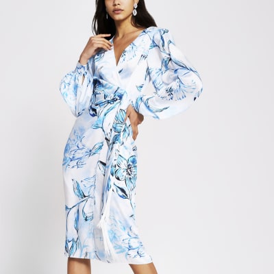 river island wrap midi dress stone