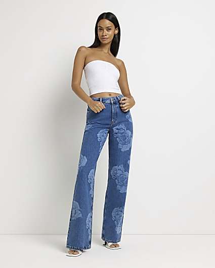 Blue floral mid rise straight jeans