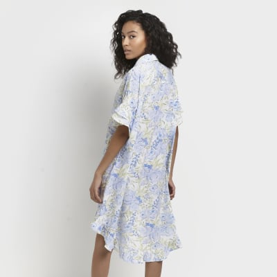 Blue floral mini shirt dress