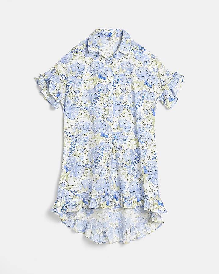 Blue floral mini shirt dress