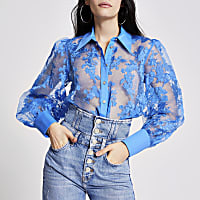 Blue floral organza sheer shirt