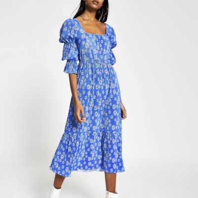 blue floral dress midi