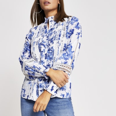 Blue floral print frill embroidered blouse River Island