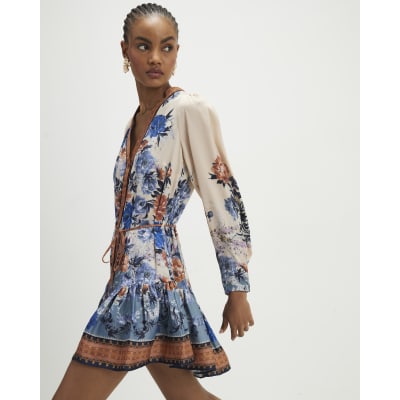 Blue Floral Print Mini Shirt Dress