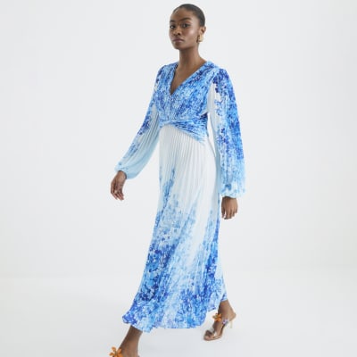 Blue Floral Print Plisse Maxi Dress | River Island