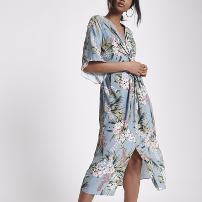 Blue floral print twist front dress