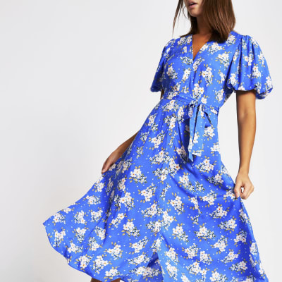 Blue floral puff sleeve midi dress  River Island