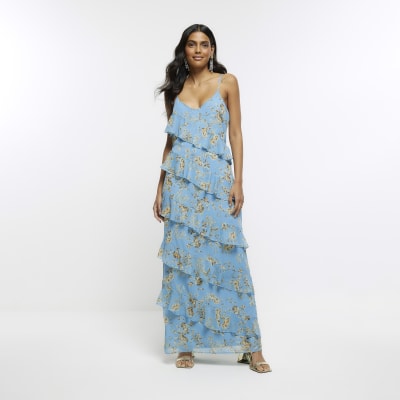 Blue floral ruffle maxi dress | River Island