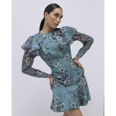 Blue Floral Ruffle Mini Dress