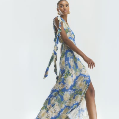 Blue Floral Ruffle Slip Maxi Dress