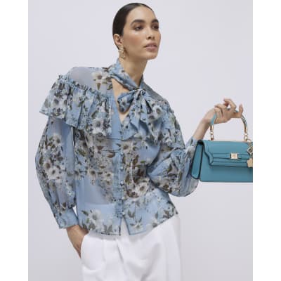 Blue Floral Ruffle Tie Neck Blouse