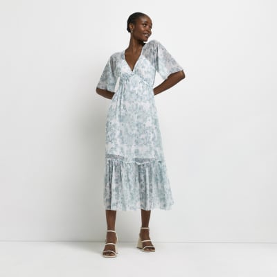 Blue floral smock midi dress | River Island