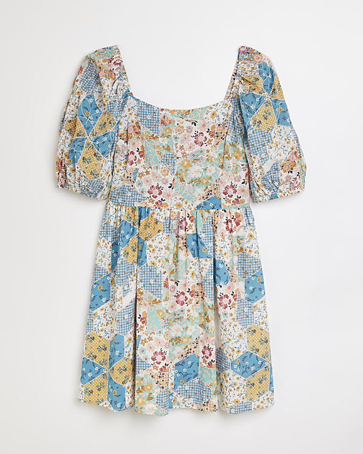 Blue floral smock mini dress