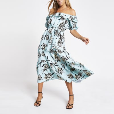 bardot blue floral dress