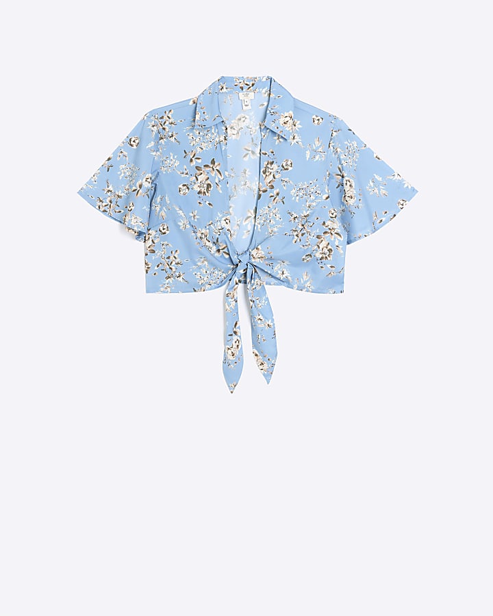 Blue floral tie front crop blouse