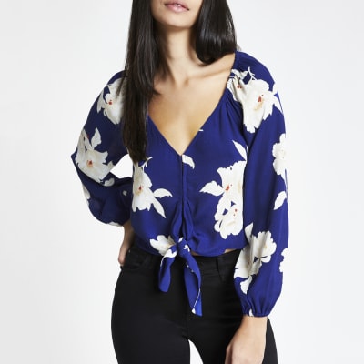 Blue floral tie front crop top