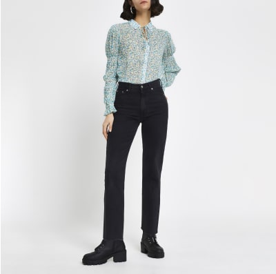 Blue floral tie neck shirt