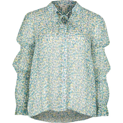 Blue floral tie neck shirt