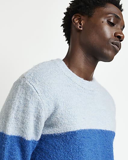 Blue Fluffy knit colour block jumper