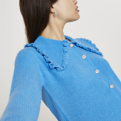 Blue frill collar embellished button cardigan River Island
