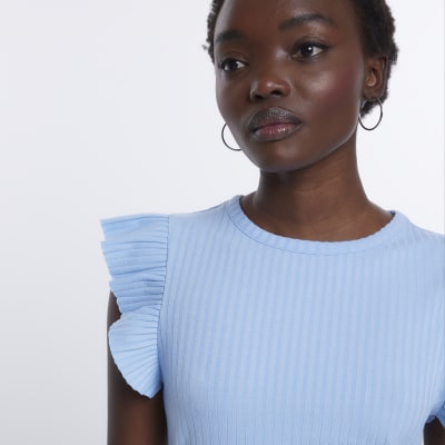 Blue frill ribbed bodycon mini dress