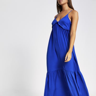 Blue frill V neck cami maxi dress