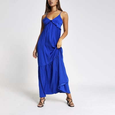 Blue frill V neck cami maxi dress 
