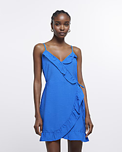 Blue frill wrap slip mini dress